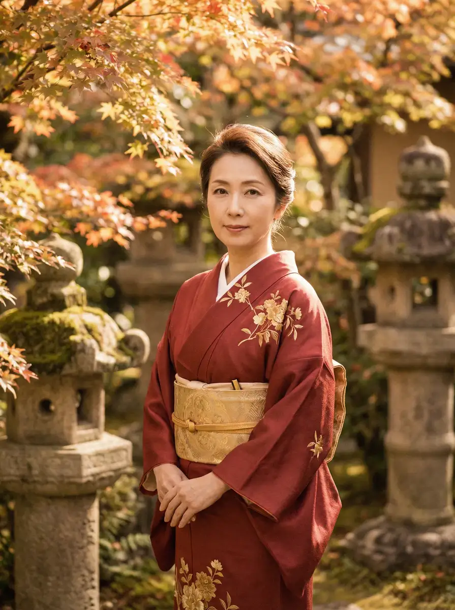 一位身穿暗红色和服的优雅 免费高清视频 在日式庭院中
